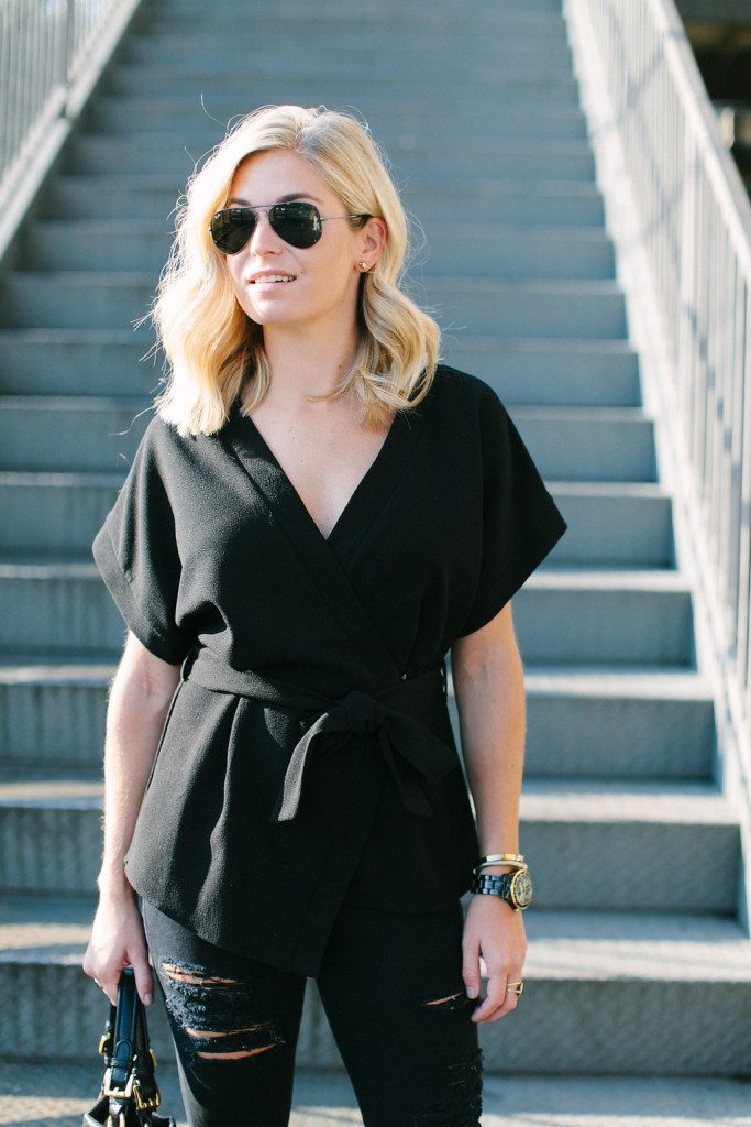 black wrap blouse-simple black top-black tie blouse