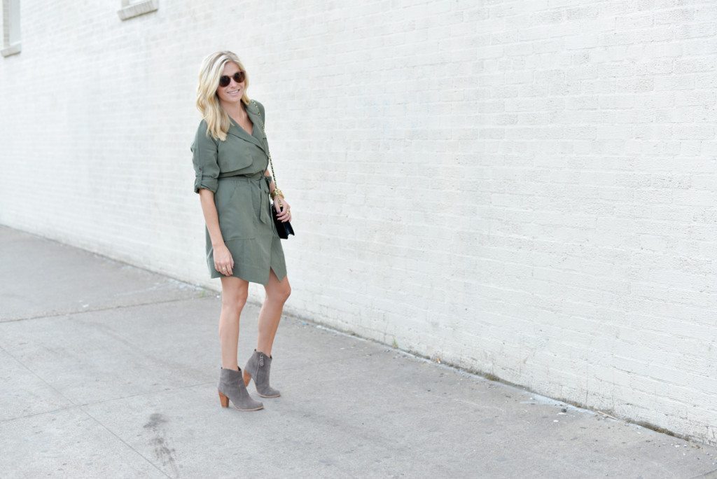 banana republic olive shirtdress-trench dress-suede ankle booties-fashion blogger dallas
