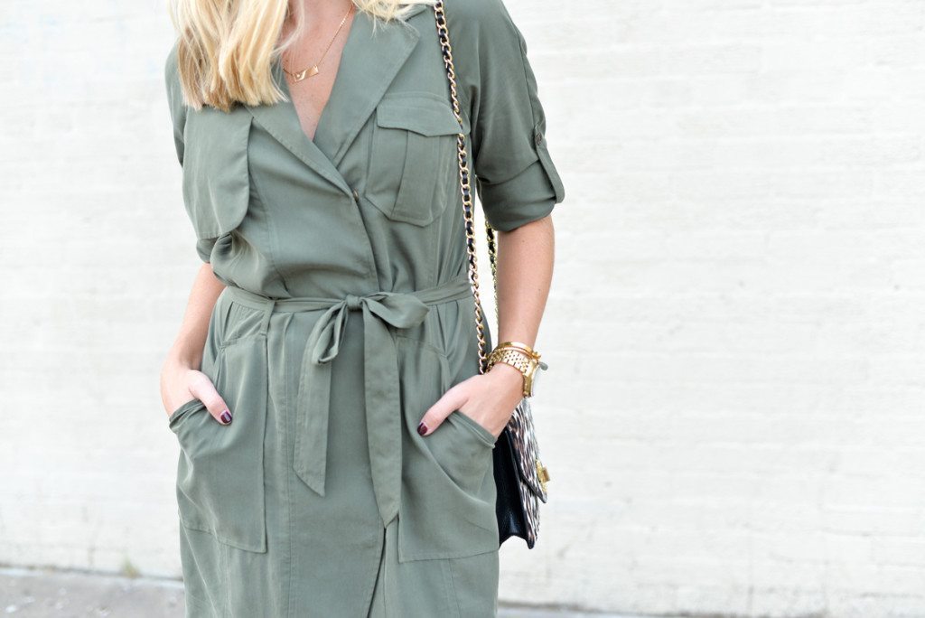 olive green trench inspired dress-banana republic trench dress-leopard chain crossbody