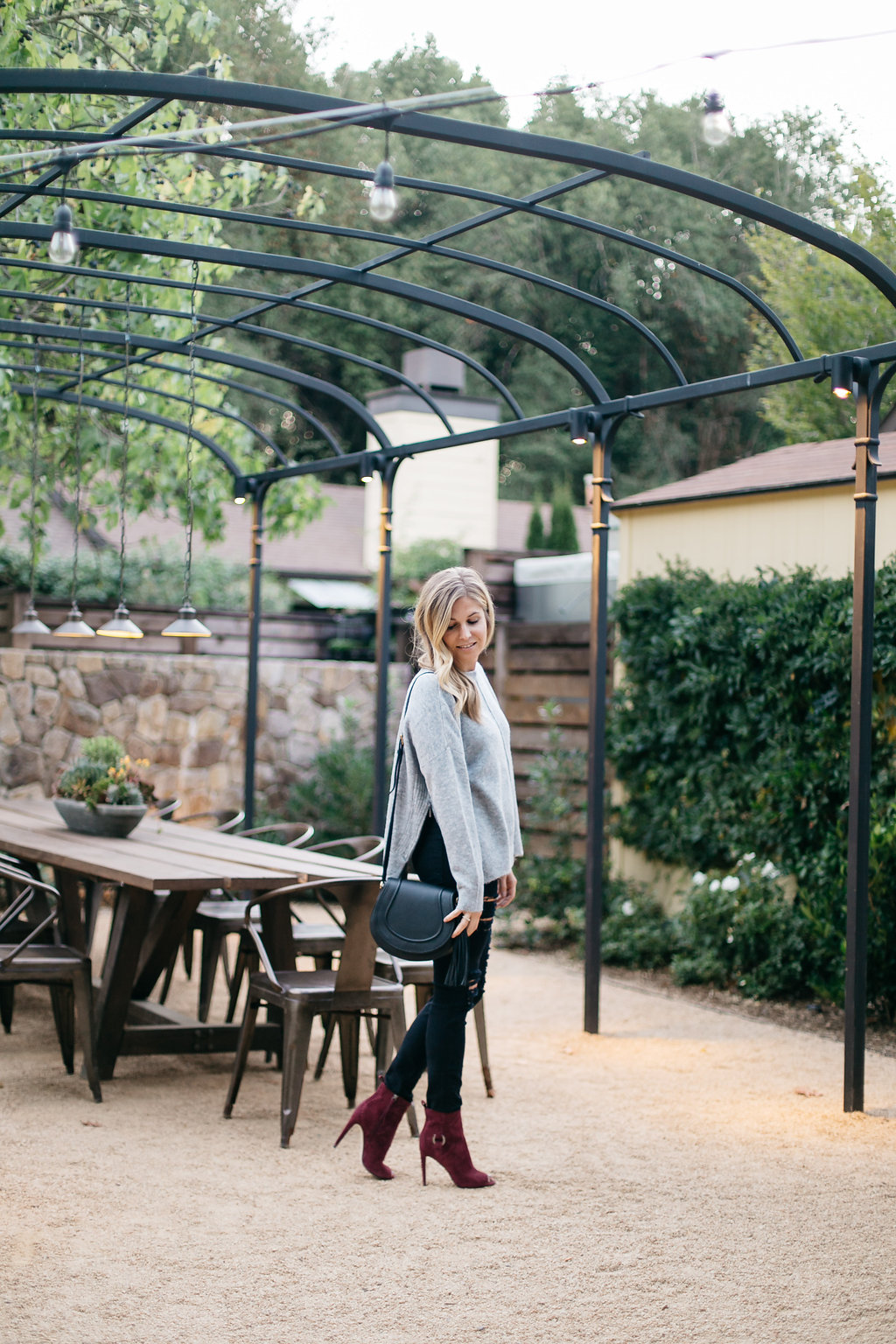 topshop zip side sweater - grey side zip sweater - rebecca minkoff burgundy peep toe booties - brooke burnett - fashion blogger dallas