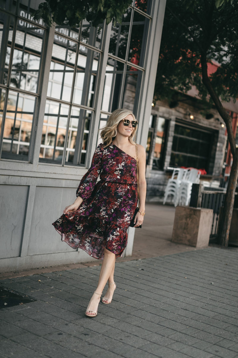 floral one shoulder dress, brooke burnett