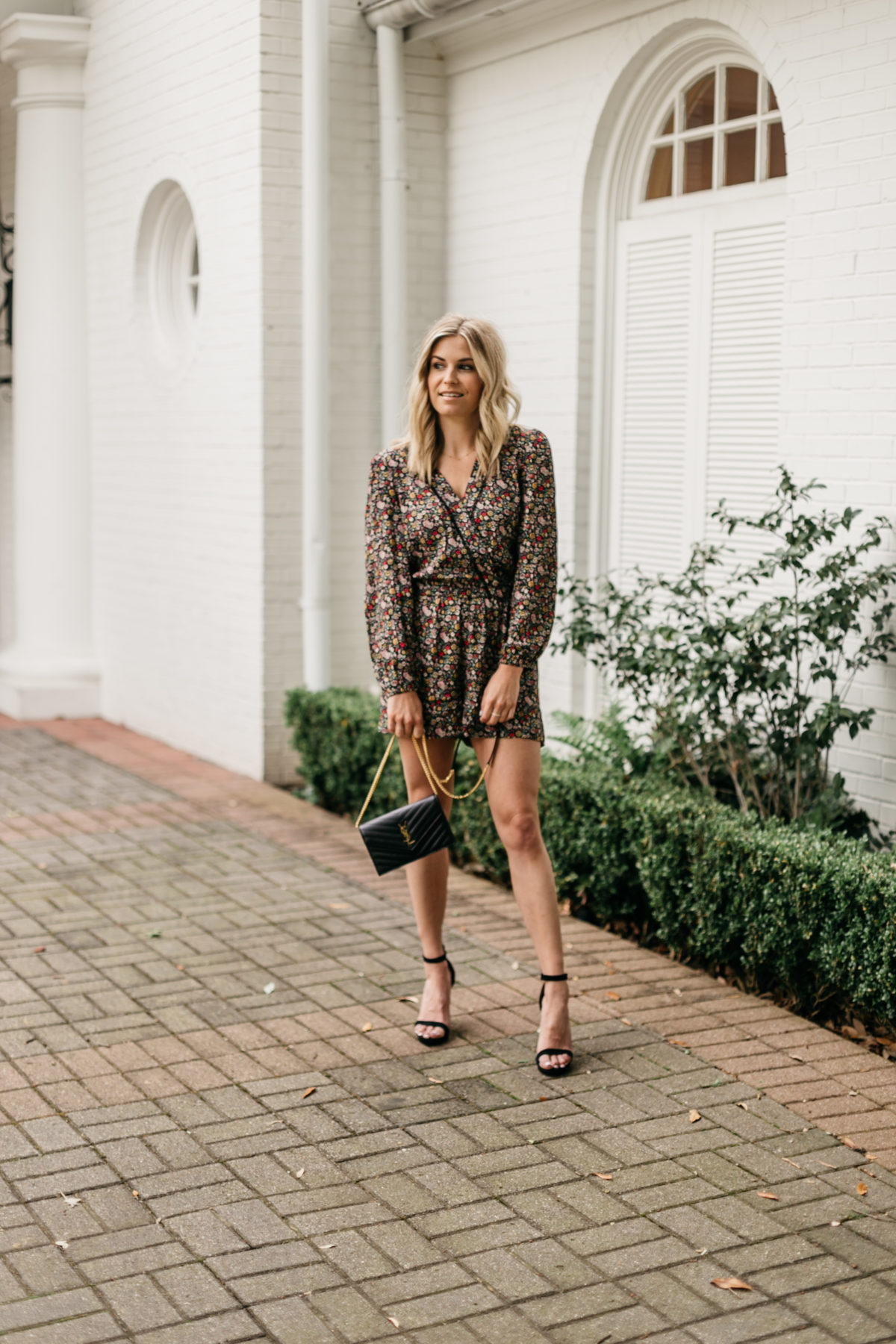 Spring Rompers - Brooke's outfit details: Floral Romper // Black Heels // YSL Crossbody