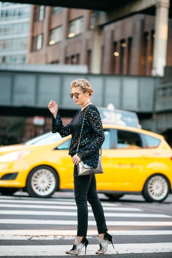 geo lace fluted blouse - nyfw street style outfit